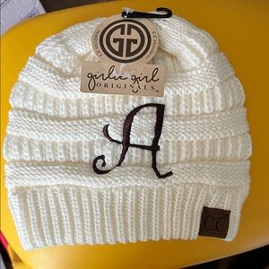 C.C Cream Knit Beanie with brown embroidered A